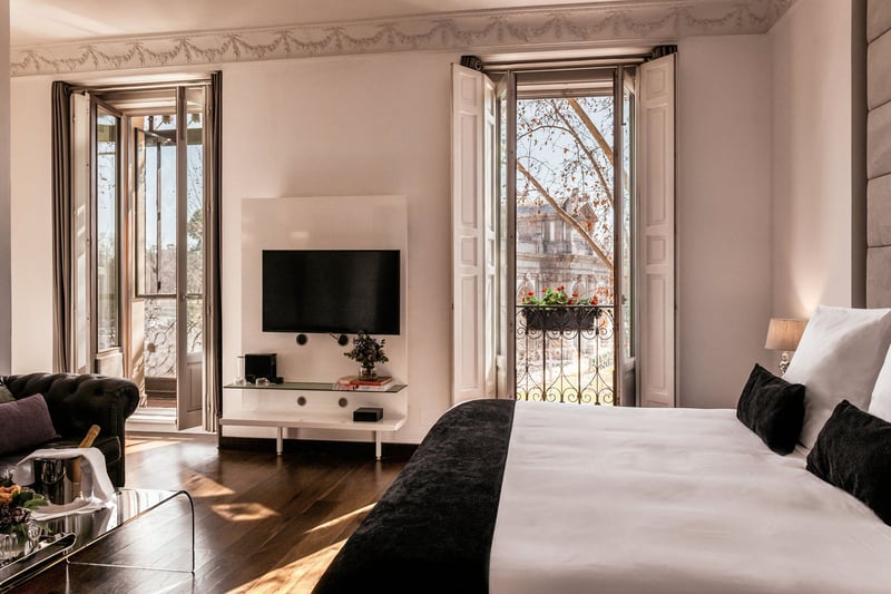 The interior suite of the Hospes Puerta de Alcala that looks out onto the Puerta de Alcala and Retiro Park